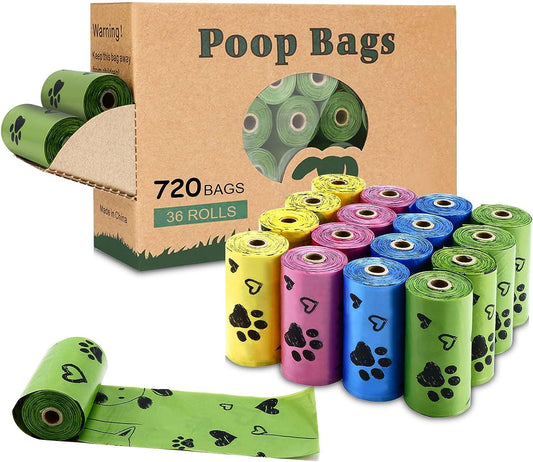 Biodegradable Dog Poop Bags: 720 Bags Extra Thick Strong Leak Proof Dog Waste Bags for Dogs with 1 Dispenser (4 Mixed Colors Green Blue Yellow Pink) -Scented